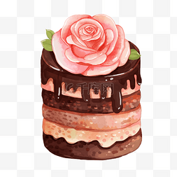 粉色水彩图片_巧克力蛋糕玫瑰花装饰水彩画