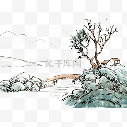 树枝水墨画图片_山中的木桥