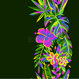 芙蓉树图片_与热带花卉和棕榈叶的无缝模式。
