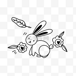 兔子复活节图片_矢量黑白线条复活节花卉兔子
