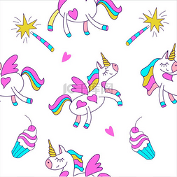 彩虹上的动物图片_无缝图案搭配可爱的魔法独角兽矢