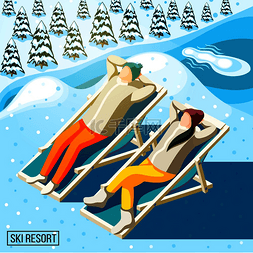 晒日光浴图片_滑雪胜地的游客在雪云杉和河流等