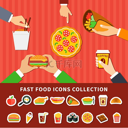 海报汉堡图片_快餐偶像举起扁平横幅快餐菜单图