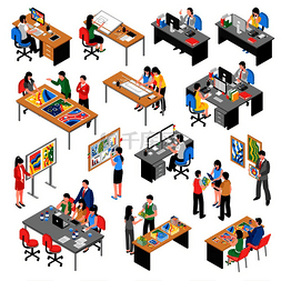 合作团队图标图片_开发公司办公室等距图标集合与团