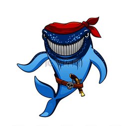 鲸鱼吉祥物设计图片_微笑的蓝鲸海盗卡通人物穿着红色
