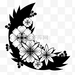 简约风格黑色月亮和漂亮花卉剪影