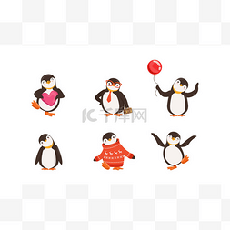 可爱的企鹅卡通人物形象矢量集。