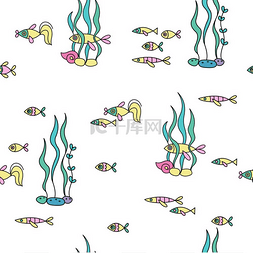夏天纹理背景图片_海鱼的无缝图案矢量插图
