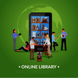 图书馆海报图片_在线图书馆与男人女人智能手机和