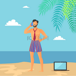 海边海报背景图图片_商务假期的男性海报与商人在电话