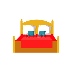 舒适床垫图片_床上铺有红色毯子、白色枕头和蓝