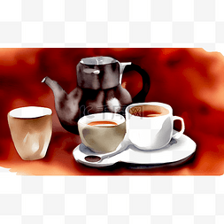 水墨画茶杯图片_热咖啡与咖啡壶