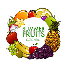 水果桃子矢量图片_热带菠萝、芒果和香蕉、苹果、绿
