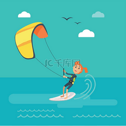 海面上的图片_风筝冲浪矢量概念快乐的女人拿着