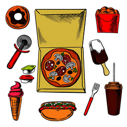 零食和饮料图标，包括一盒炸鸡、