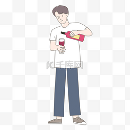 酒红色背景图图片_男孩倒酒白色卡通人物图片
