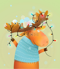 手绘圣诞灯图片_驯鹿驼鹿鹿角上明亮的圣诞灯