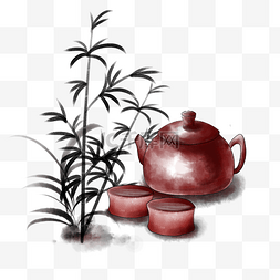 中国画绘画图片_水墨夏季茶壶茶杯