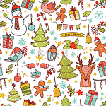 Christmas seamless pattern with holiday decoration and reindeer. Hand drawing vector illustration