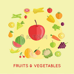 水果西瓜苹果草莓图片_一组水果和蔬菜载体。