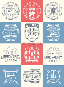 酒吧手绘背景图片_Set of Vector Cask Alcohol Emblems