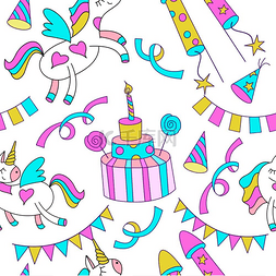 卡通动物和蛋糕图片_无缝图案生日快乐无缝图案神奇的