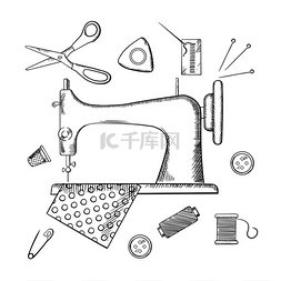 缝纫ui图片_用针、线、纱线、顶针、纽扣和布