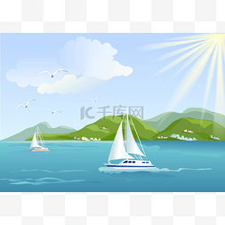 蓝色卡通旅游背景图片_Yacht, havet och bergen