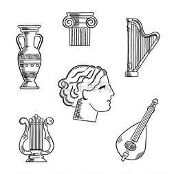 竖琴图标图片_经典艺术和乐器用七弦琴和双耳瓶