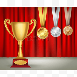 红色丝带奖杯图片_金色的奖杯和奖牌用丝带红色帷幕