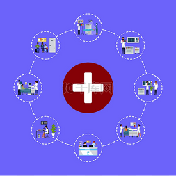 医生和病人矢量图片_红色圆圈中的白色十字和忙于工作