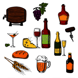 鸡尾酒杯图标图片_酒精饮料或饮料与瓶装葡萄酒、啤