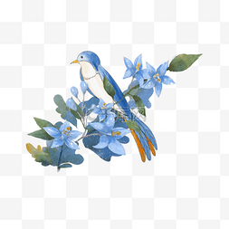 中国风格蓝色花鸟画