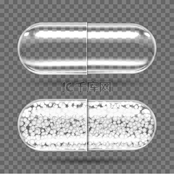 矿物玉石图片_透明胶囊是空的，带有颗粒状填充