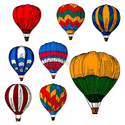 彩色热气球设计图片_复古素描飞行的热气球与柳条篮和