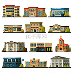 彩色孤立的市政建筑图标集邮局综合诊所大学银行图书馆医院建筑描述矢量插图彩色市政建筑图标集