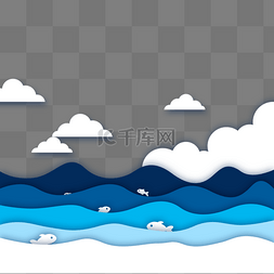 高山素材图片_剪纸云朵和蓝色卡通海洋
