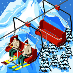 滑雪场的缆车上带着运动器材的滑