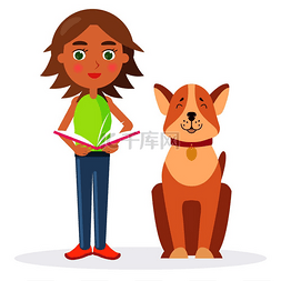 短发女卡通图片_短发女孩与友好的狗 Akita-inu 站在