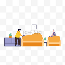 沙发客厅插画图片_两人打扫卫生沙发家庭清洁插画