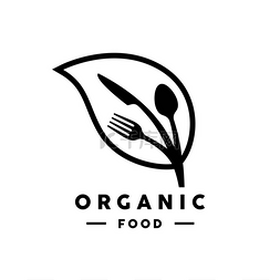 生态餐厅图片_有机食品标志与叶叉、 刀、 勺图