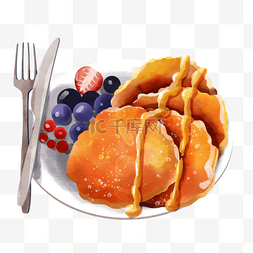 浆果水彩图片_水彩枫糖浆水果薄烤饼和餐具