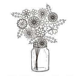 卡通手绘花素描图片_在罐子里涂鸦可爱的花。单色素描
