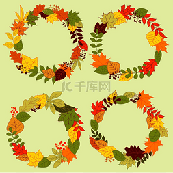 红色和橙色的树叶图片_森林叶花环和框架与秋天的落叶和
