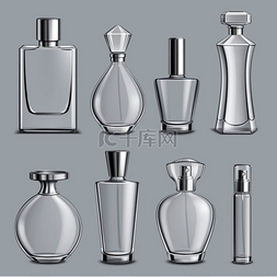 香水玻璃瓶各种形状和瓶盖清晰无