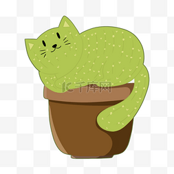 绿猫图片_仙人掌趴着的卡通猫