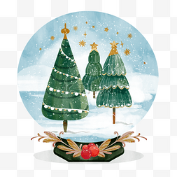 风景插画风景人物图片_圣诞节圣诞树水彩雪球