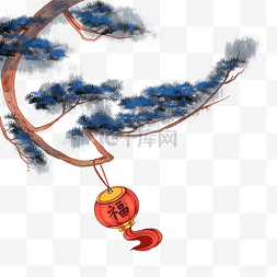 中国风古风水墨松树大红灯笼
