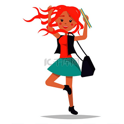 跳跃的红发女学生穿着华丽的裙子