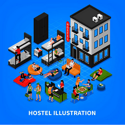 经济蓝色背景图片_旅馆等距组成与外部建筑、双层床